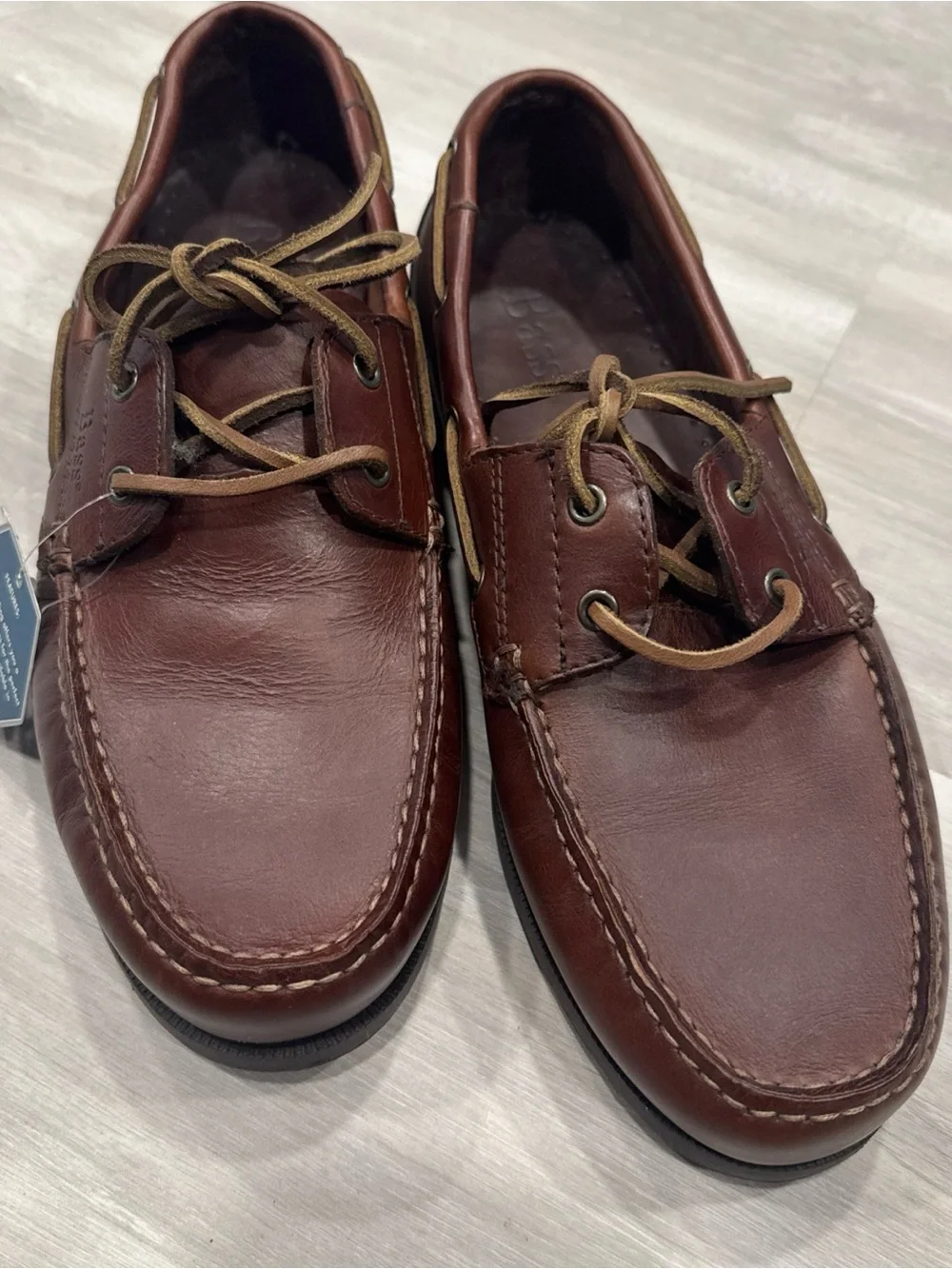 Bass Men's Dark Brown Leather Boat Shoes with Tan Laces 1617-200
